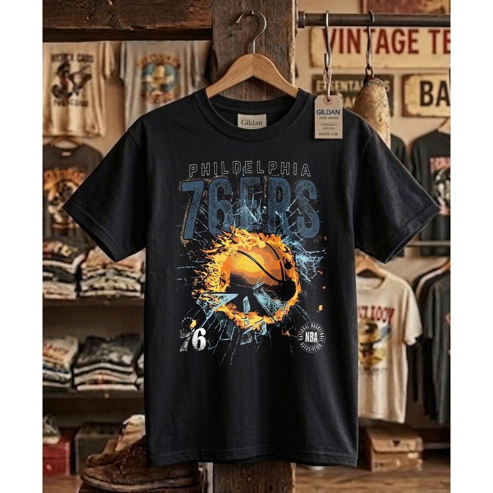 Philadelphia 76ers Flaming Basketball Shattered Glass Graphic Tee Heavy Cotton